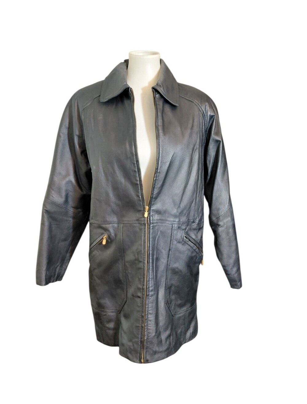Black Leather Zip-Front Coat Women's size Medium Leather Jacket
